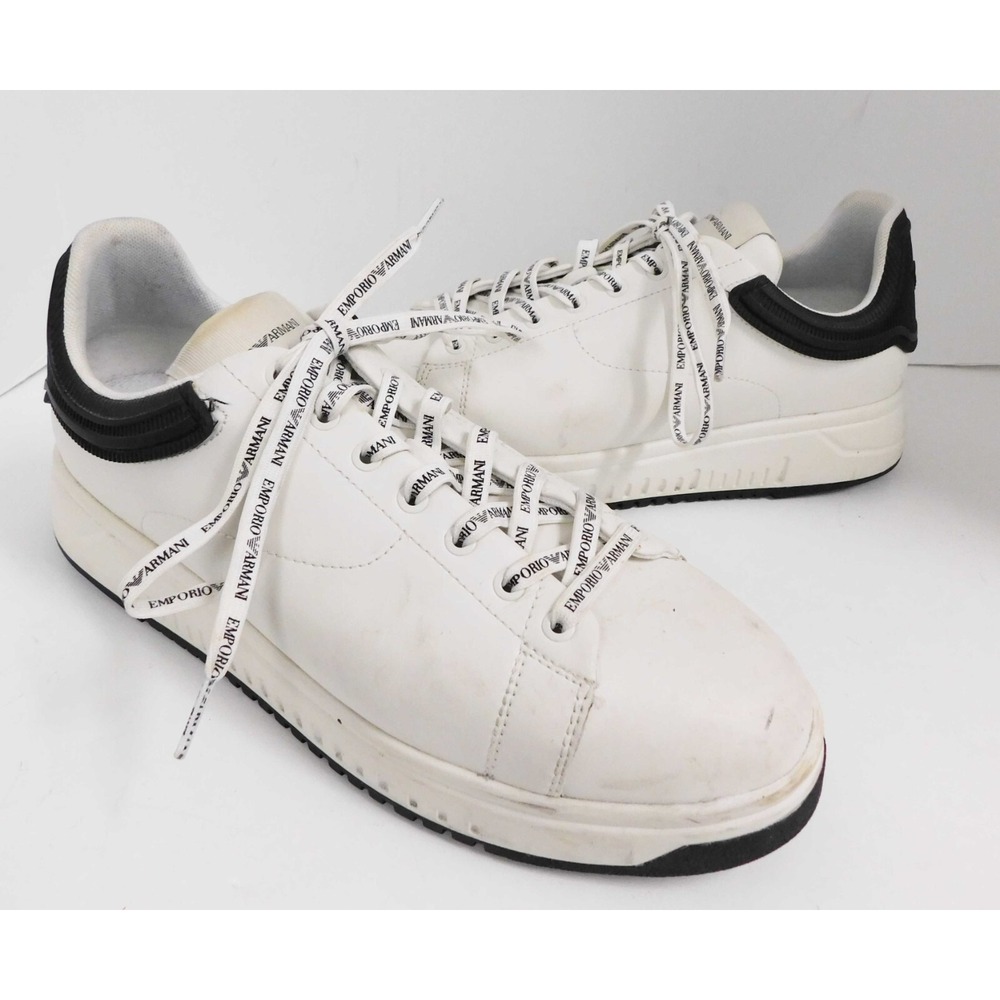 Emporio Armani X4X264XN0Q1 White Leather Black Heel Sneakers sz 10
